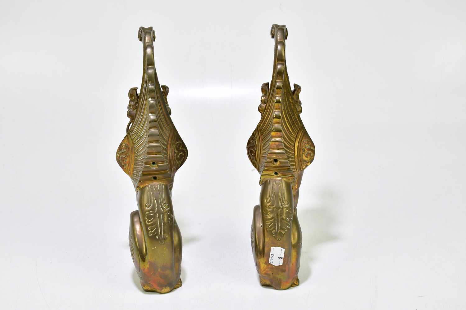 A pair of bronzed metal terminals representing mythical creatures with scrollings wings, height 31cm - Image 3 of 3
