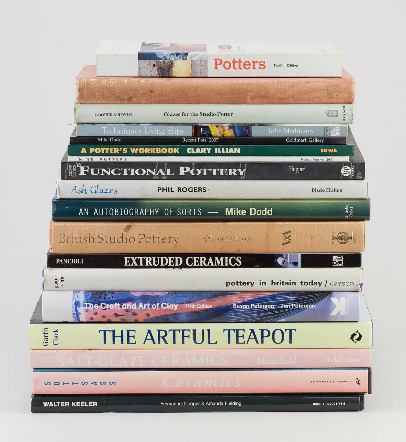 A collection of books on studio ceramics including monographs about Walter Keeler, Mike Dodd and