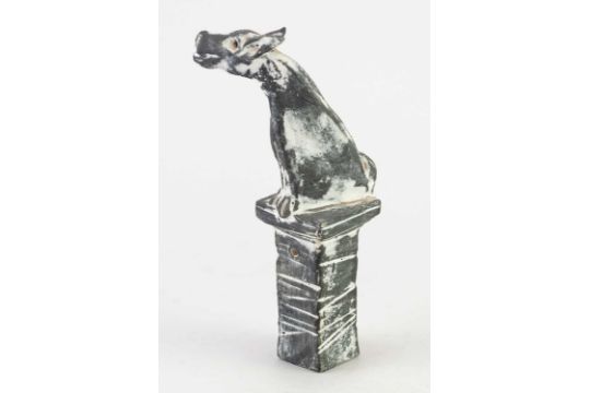 † IAN GREGORY (1942-2021); an earthenware sculpture of a dog on a square plinth with white slip - Image 1 of 4