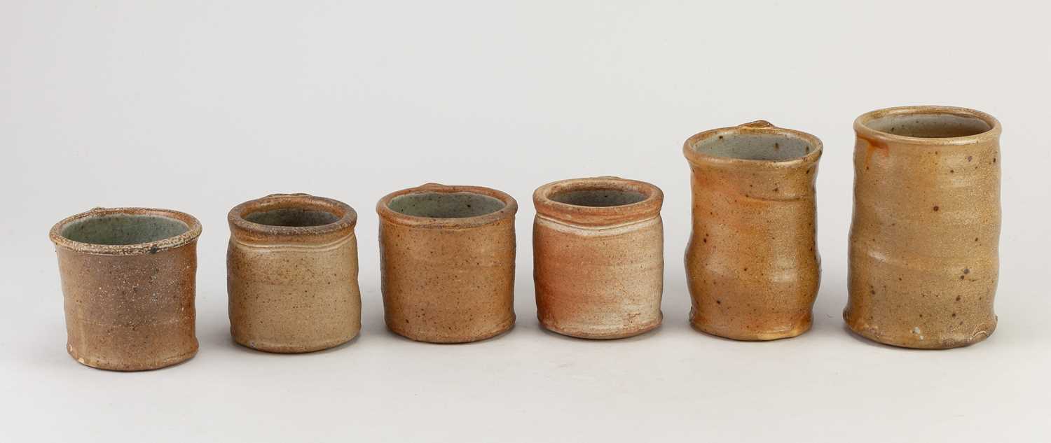 LINDA CHRISTIANSON (born 1952); two wood fired stoneware mugs, tallest 11cm, and a set of four - Image 4 of 4