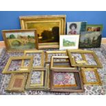 A mixed group of traditional oils and watercolours, together with various sized frames, largest