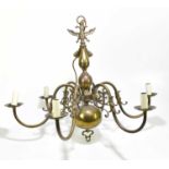 A decorative brass six branch pendant light fitting, with double headed eagle surmount, height 56cm,