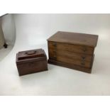 A mahogany tea caddy, together with a mahogany three drawer collectors' chest, 25cm x 41cm x 37cm.