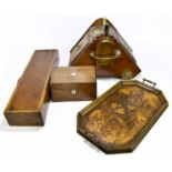 A walnut sewing box, lacking interior, a gun case, a walnut tray and a coal purdonium.