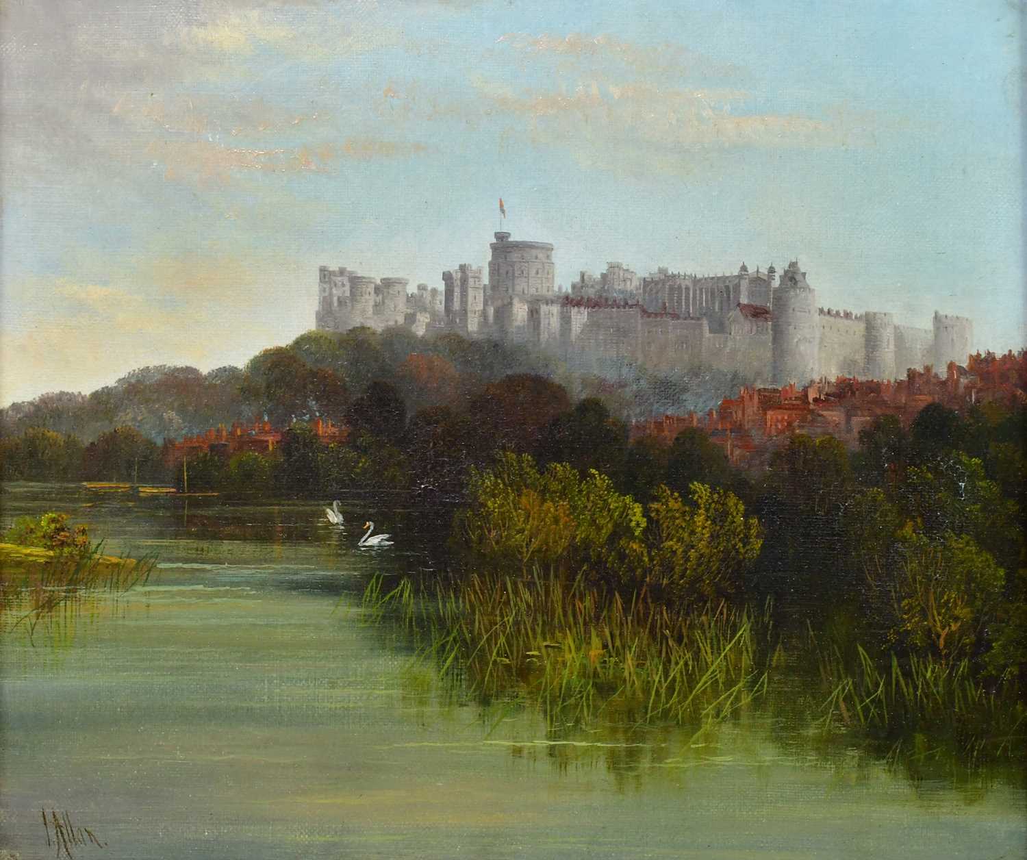 I ALLAN; oil on canvas, castle next to a river, signed lower left, 34 x 29cm, framed. - Image 2 of 4
