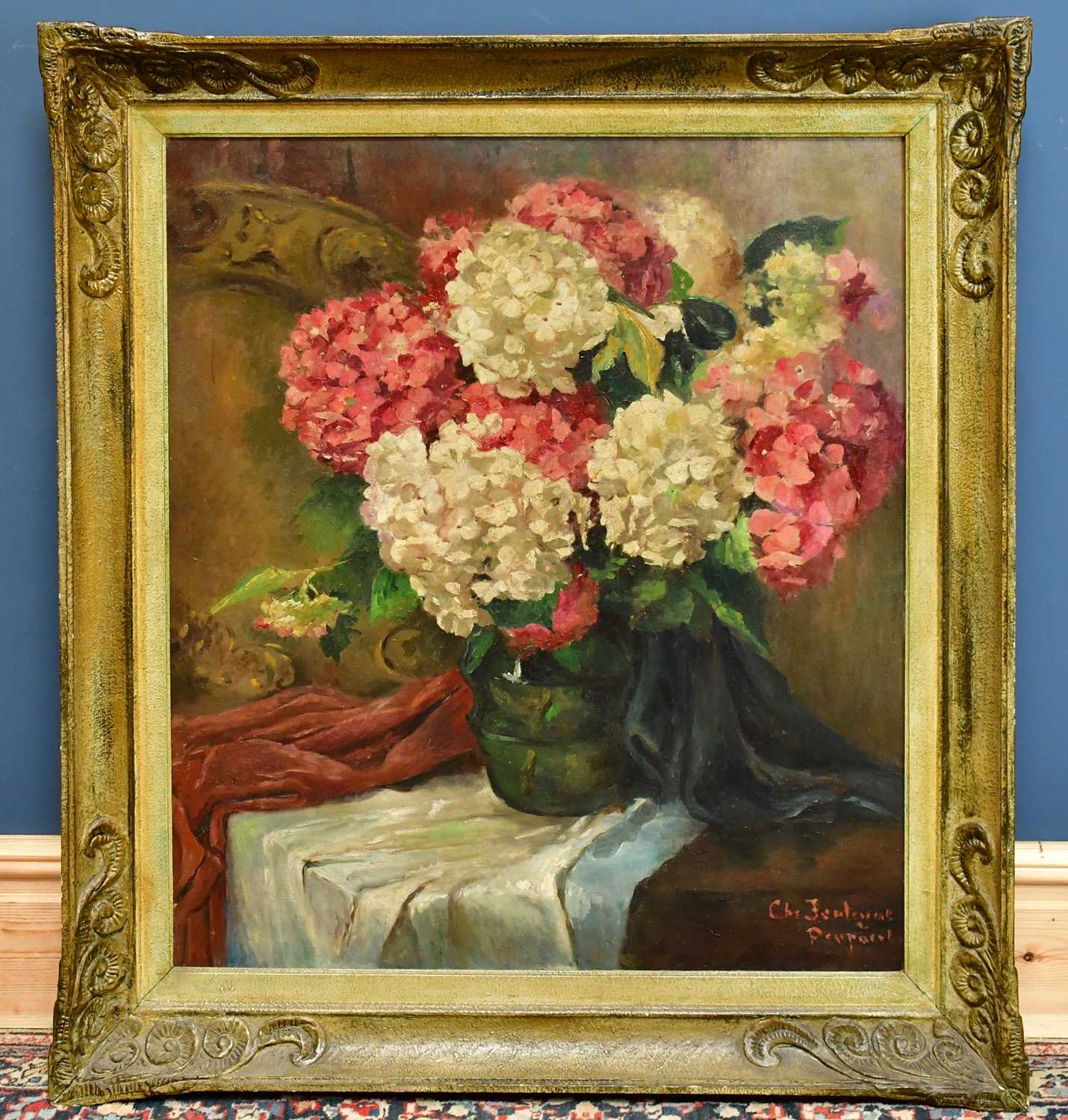 EARLY 20TH CENTURY; oil on canvas, still life flowers in a vase, indistinctly signed, in ornate gilt