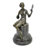 An Art Deco style bronze figure of lady holding mirror on base, height 27cm.