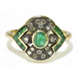 An 18ct yellow gold emerald and diamond ring in the Art Deco taste, size O, approx. 4.6g.