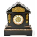 A Victorian slate and marble mantel clock, with wavy top and applied gilt metal mounts, the circular