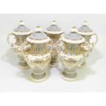 BLAKENEY; five reproduction ceramic twin handled apothecary jars and covers, decorated in gilt, '