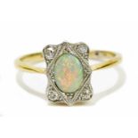 An 18ct gold opal and diamond cluster ring, size N, weight 2.9g. Condition Report: Good condition.