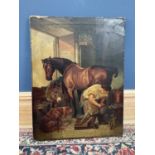 19TH CENTURY; oil on canvas, a farrier in stable scene, with horse, donkey and dog, indistinctly