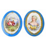 Two hand painted oval plaques, in the manner of Sevres, one depicting the portrait of a woman, the