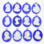 MANNER OF WEDGWOOD JASPERWARE; a group of twelve circa 1880-1890 plaques, each depicting portrait