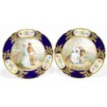 SEVRES; two hand painted cabinet plates, each painted to the centre with classical figures in