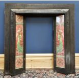 A cast iron fireplace inset with Art Nouveau tiles after Mucha, width 96.5cm, also a grate, etc.