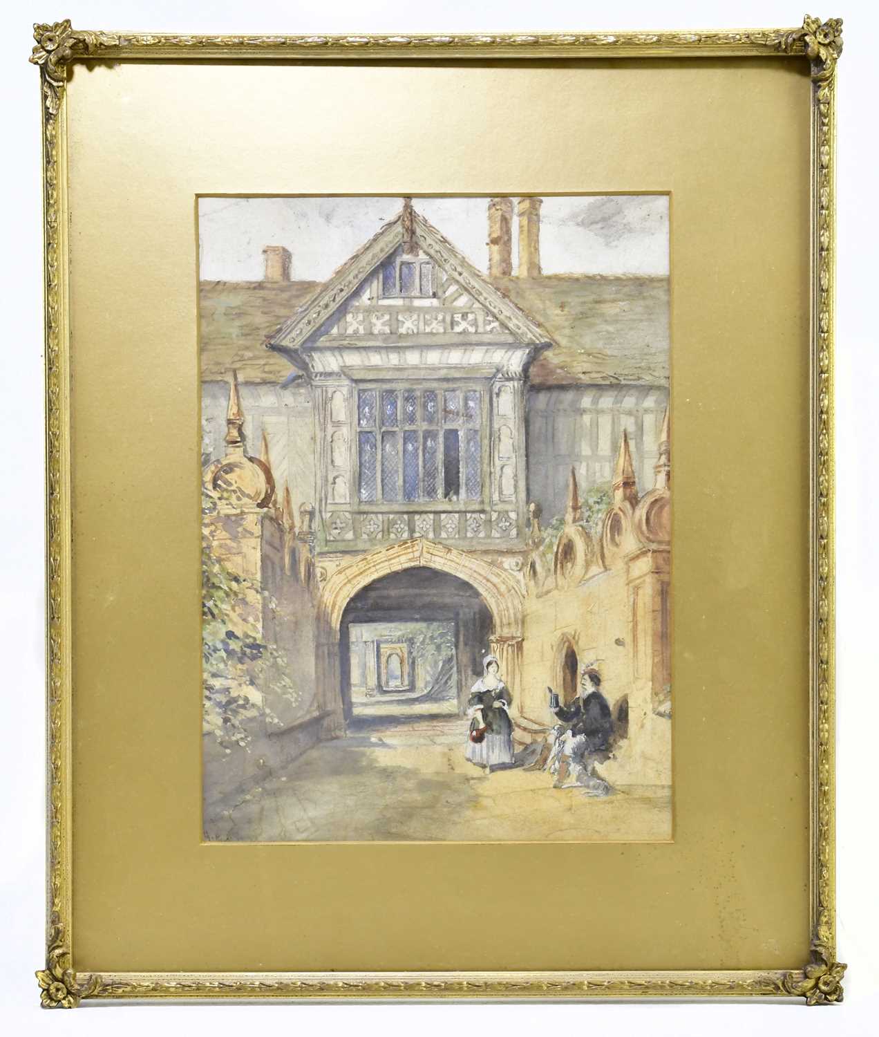 A watercolour, two people on a pathway by a timbered building, possibly Speke Hall, Liverpool,