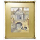 A watercolour, two people on a pathway by a timbered building, possibly Speke Hall, Liverpool,