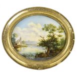 19TH CENTURY; an oval watercolour on glass, river scene, 44cm x 37cm, framed.