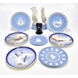WEDGWOOD; a collection of jasperware to include two figures, Leda & The Swan and Terpsichore,