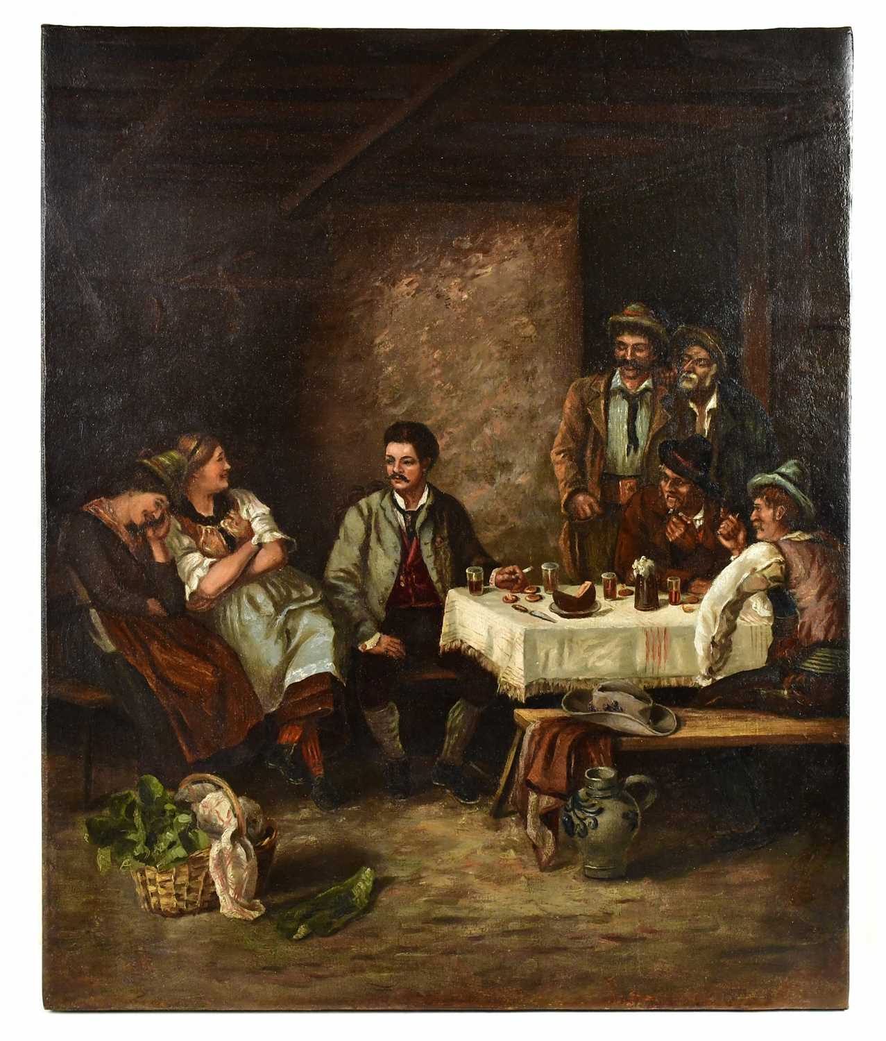 19TH CENTURY GERMAN SCHOOL; oil on canvas, depicting tavern scene, unsigned, 50 x 61cm, unframed.