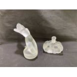 LALIQUE FRANCE; a frosted glass figure of a reclining nude, height 12.5cm, together with a Lalique