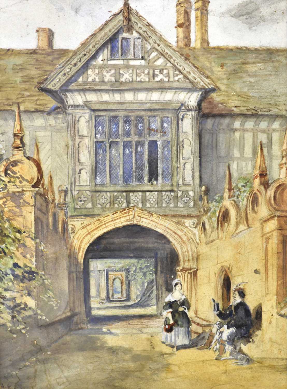 A watercolour, two people on a pathway by a timbered building, possibly Speke Hall, Liverpool, - Image 2 of 3