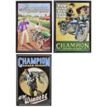 CHAMPION SPARK PLUGS; three reproduction posters, 48 x 69cm, each framed and glazed.