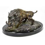 AFTER BILL MATHER; a modern bronze sculpture representing a wild boar, numbered 5/10, on marble