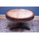 A 19th century mahogany library table with circular top, for restoration, diameter 122cm.