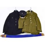 Two vintage army uniforms, together with belt and hat.