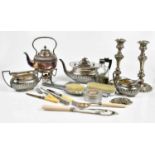 A small quantity of assorted silver plate to include a pair of 19th century candlesticks, a three