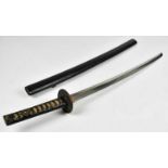 A Japanese long Wakizashi, the grip ends with yellow metal floral decorated Fuchi and Kashira,