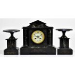 A Victorian marble and slate three piece clock garniture, the clock of architectural form circular
