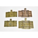 Three decorative brass and one copper miniature icon, largest example 9 x 11cm (4).