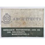 A vintage advertising tin sign: Architects, Benjamin Waterhouse & Co, 134 Deansgate, Manchester,