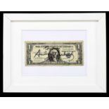 ANDY WARHOL (AMERICAN, 1927-1987); a $1 bill signed in black felt tip pen, inscribed 'Santi', the