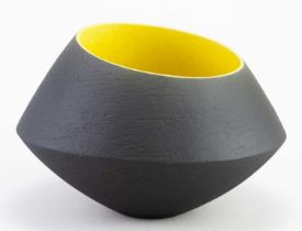 † ASHRAF HANNA (born 1967); an angular earthenware bowl with textured black surface to exterior