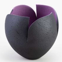 † ASHRAF HANNA (born 1967); a small cut and altered earthenware vessel with textured black surface