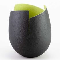 † ASHRAF HANNA (born 1967); a cut and altered earthenware vessel with textured black surface to