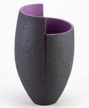 † ASHRAF HANNA (born 1967); a cut and altered earthenware vessel with textured black surface to