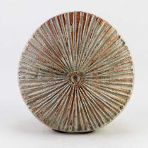 † ALAN WALLWORK (1931-2019); a stoneware seed pod form with incised radiating decoration partially