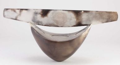 ANTONIA SALMON (born 1959); a smoke fired and burnished stoneware closed boat decorated with incised