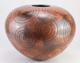 ANTONIA SALMON (born 1959); a large smoke fired and burnished stoneware red pot decorated with