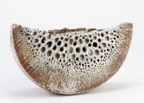† ALAN WALLWORK (1931-2019); a narrow stoneware wedge form with impressed decoration partially