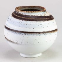 † ADAM BUICK (born 1978); a small porcelain moon jar covered in white glaze with iron and cobalt