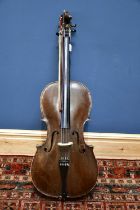 An old German violoncello with two-piece back, length 73cm, labelled Geo Steeger No.7623, with two