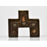 TROIKA POTTERY; a rare London Bridge candle holder with relief decoration in shades of orange and