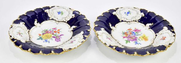 MEISSEN; a pair of 20th century hand painted gilt decorated pedestal bowls, each with floral