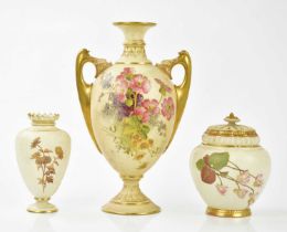 ROYAL WORCESTER; three pieces of blush ivory comprising potpourri and cover, twin handled pedestal